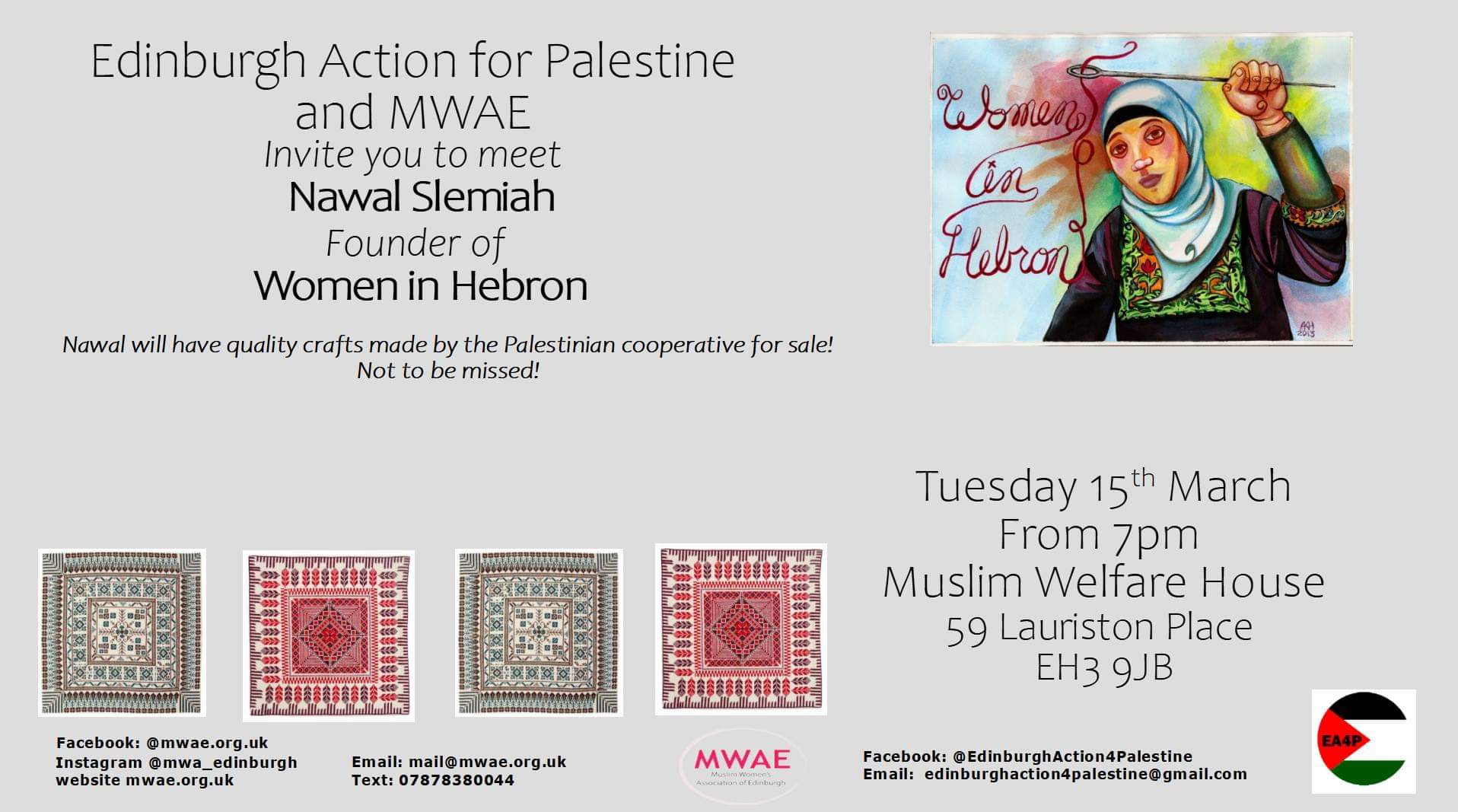 Nawal will be joining us all the way from Hebron on Tuesday 15th March from 7.00pm. Everyone welcome.